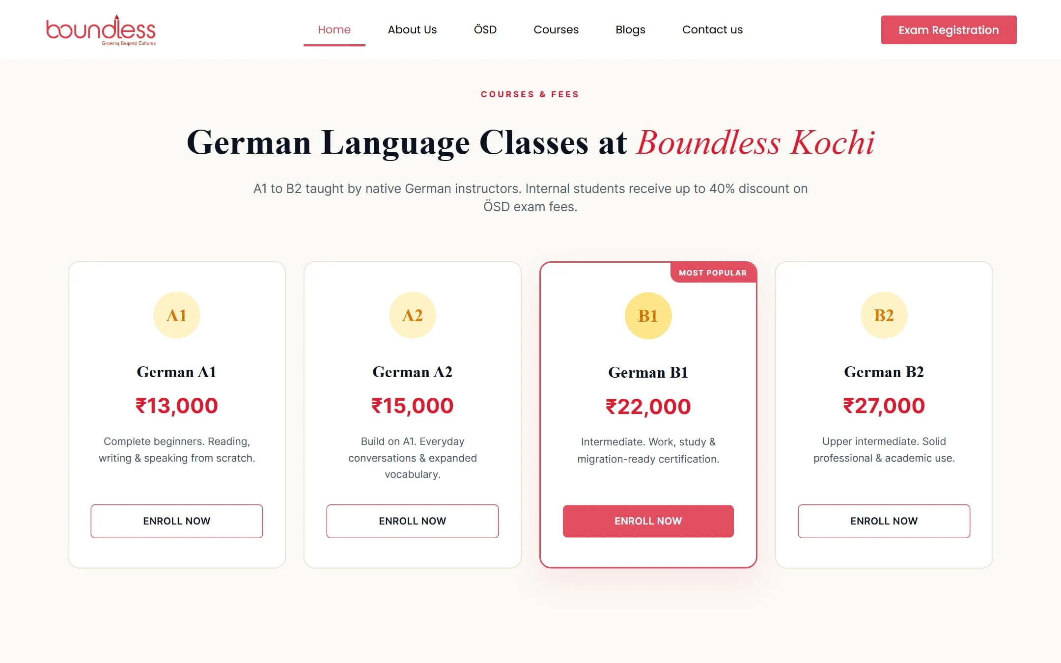 German course cards from A1 to B2 with fees