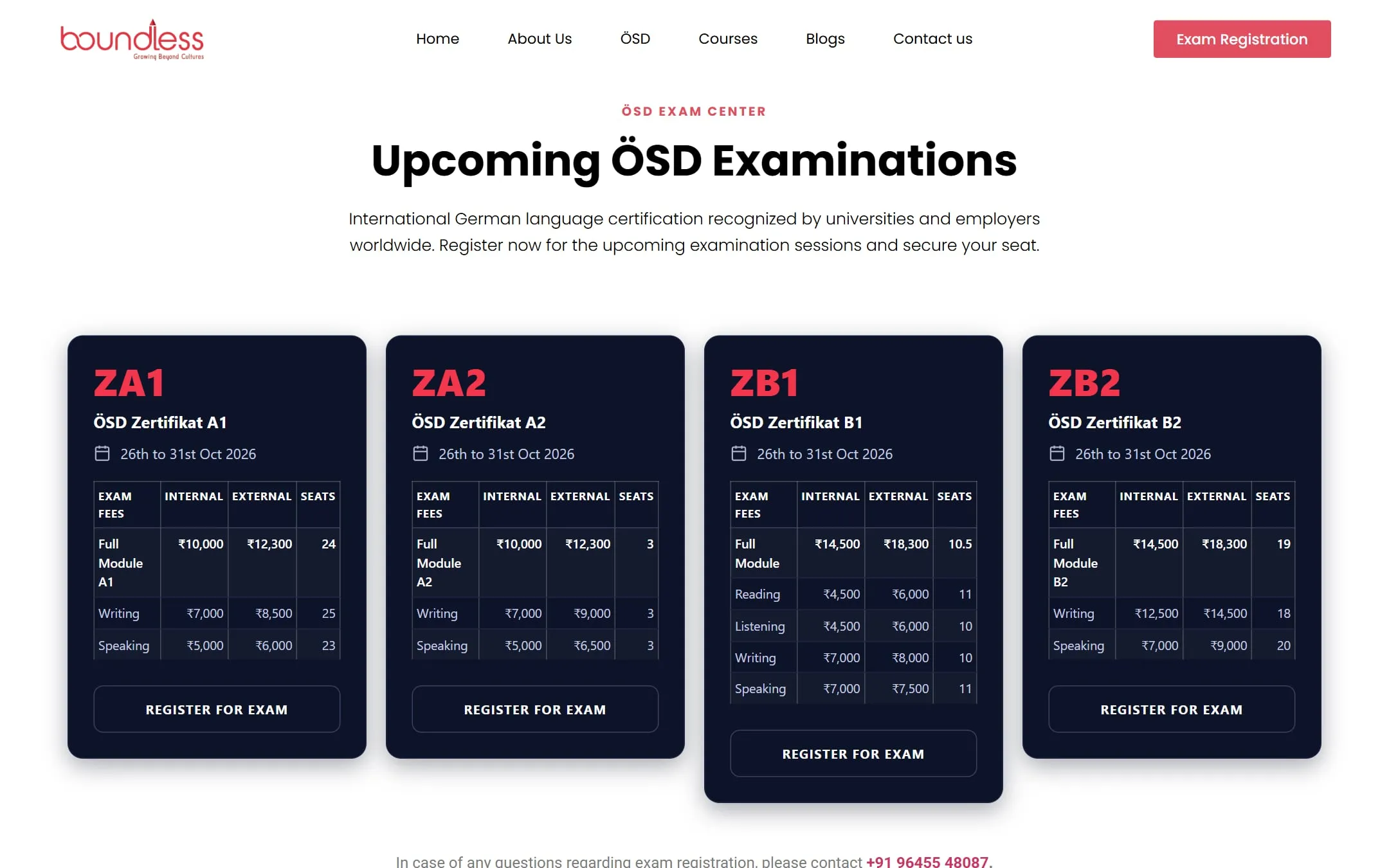 Upcoming ÖSD examinations with fees and seats available