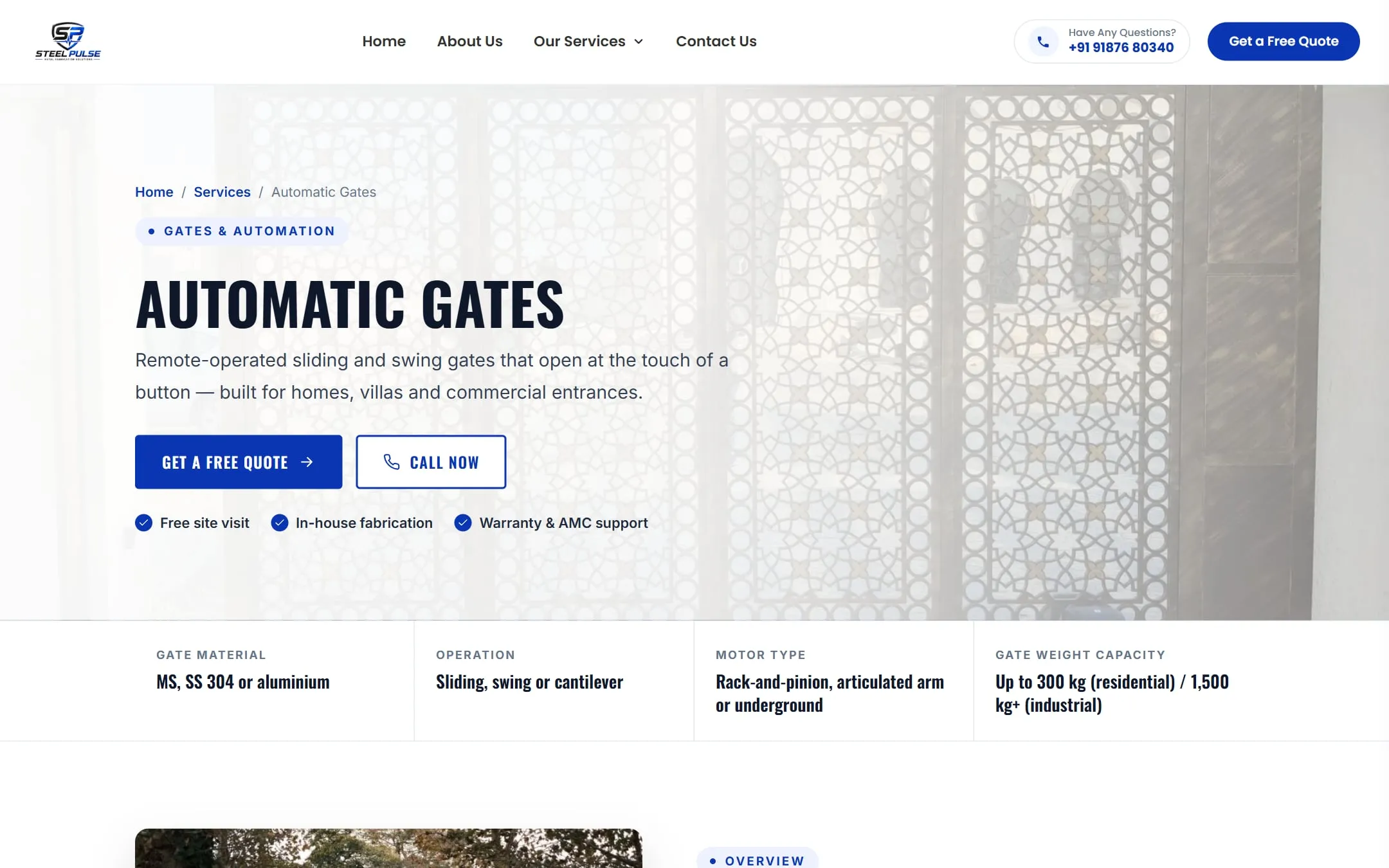 Automatic Gates service page with Get a Free Quote and Call Now