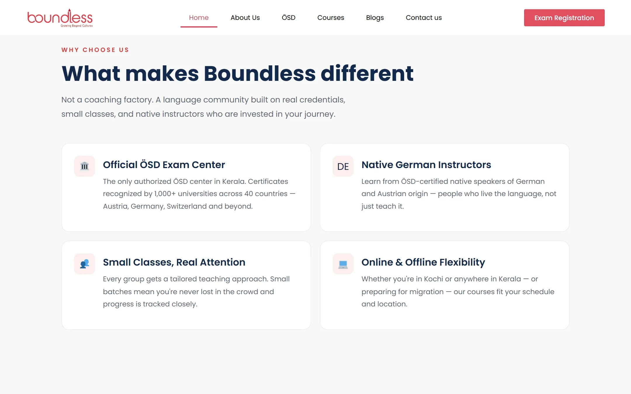 What makes Boundless different: official ÖSD centre, native instructors, small classes, online and offline