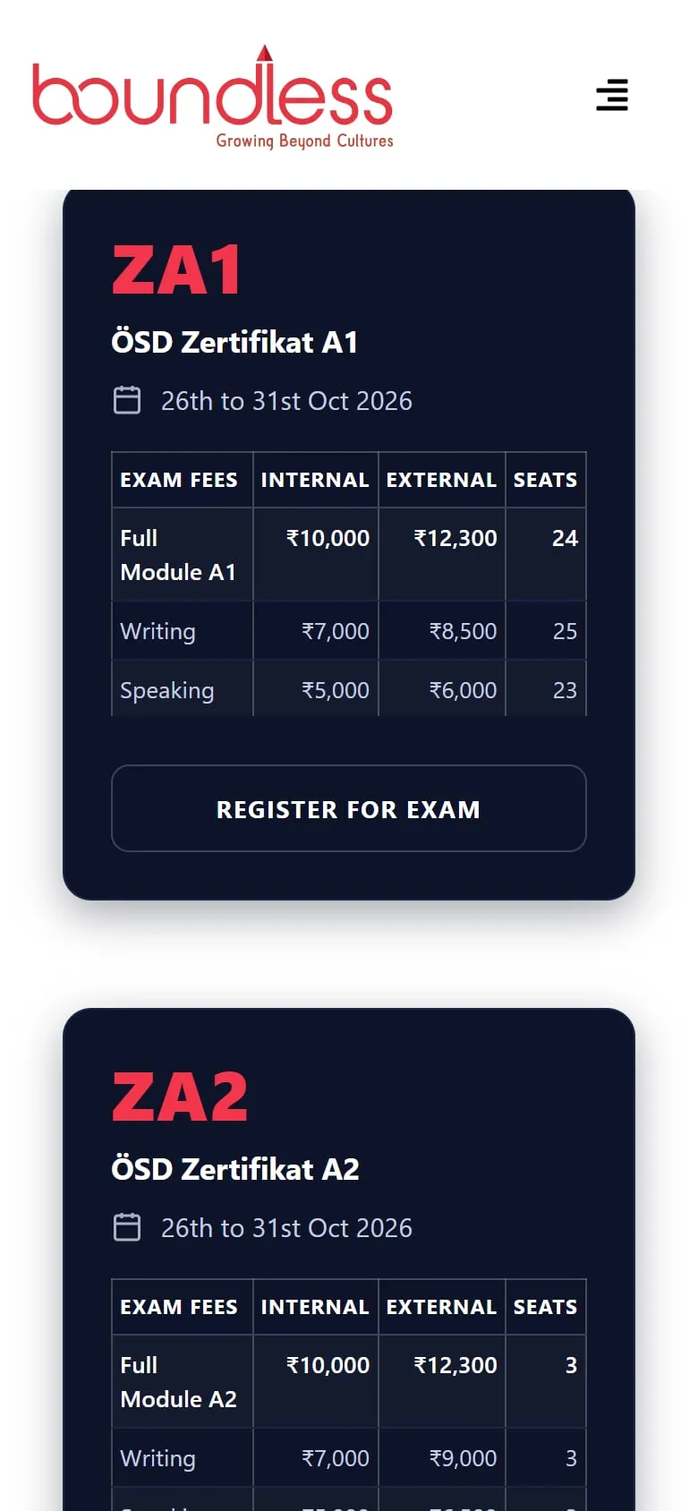 ÖSD exam sessions with seats on a phone