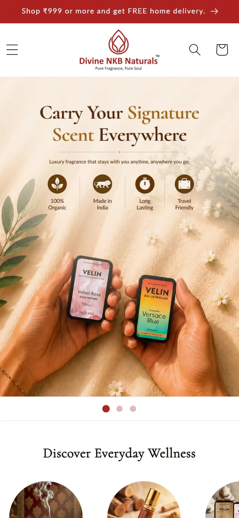 Divine NKB Naturals homepage on a phone