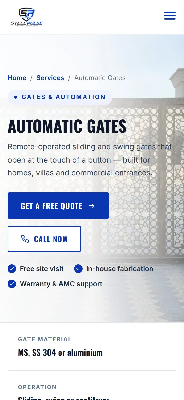 Automatic Gates service page on a phone